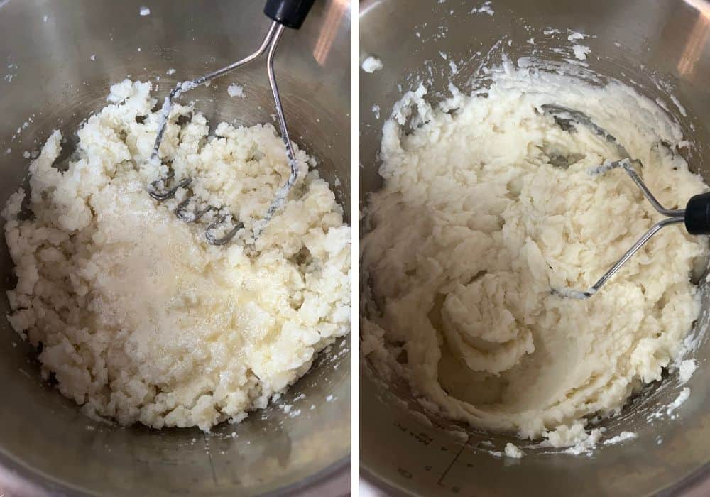 two photos; one shows warm liquid mixture added to mashed potatoes, the other shows the ingredients mixed together.