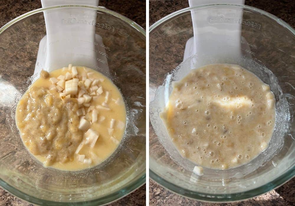 two photos; one shows mashed bananas and diced pears added to the wet ingredients in the mixing bowl, the other shows the ingredients mixed together.