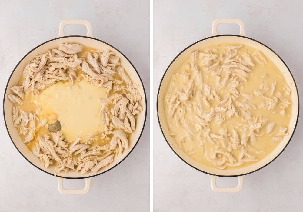 two photos; one shows cream of chicken soup and seasonings added to the chicken mixture, the other shows the ingredients all mixed together.