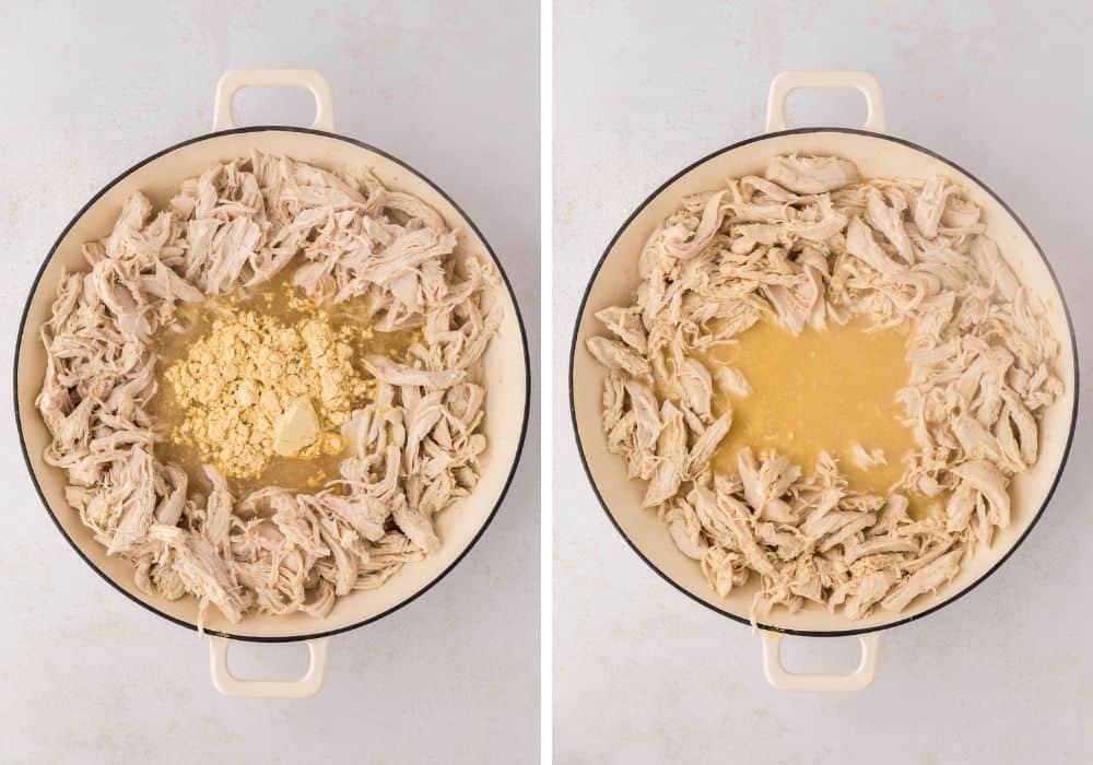 two photos; one shows gravy mix added to the pan of chicken and broth, the other shows the mix dissolved into the broth.
