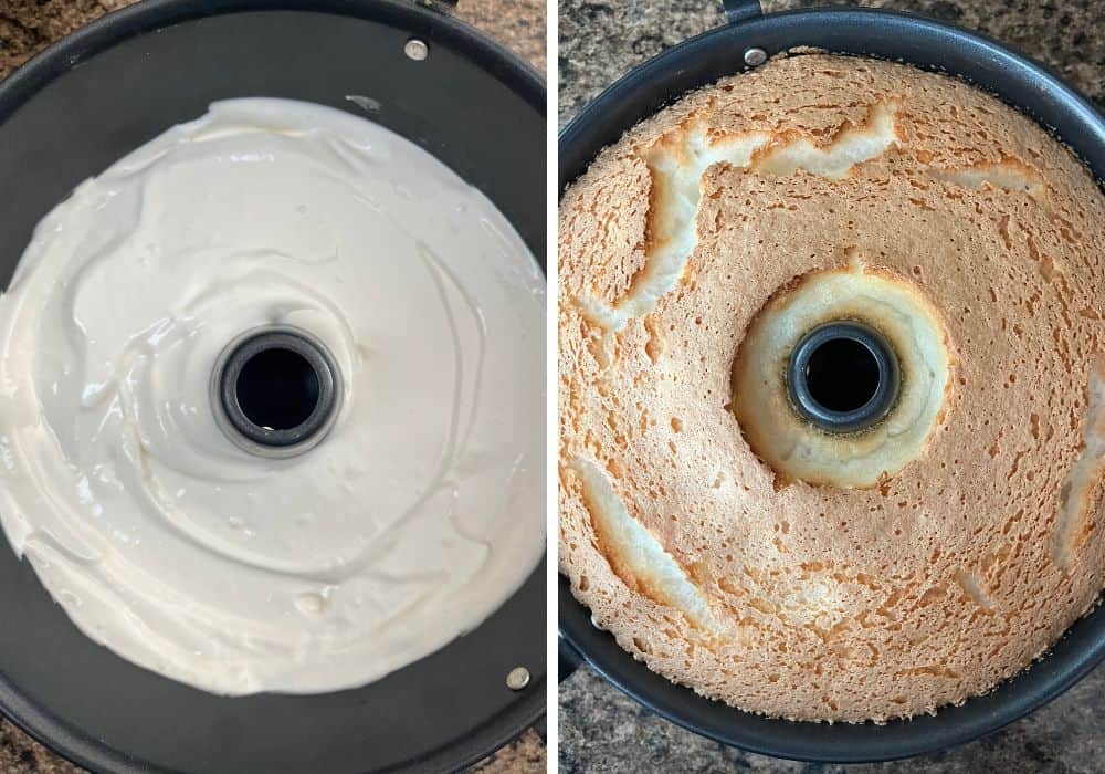 two photos; one shows angel food cake batter in a tube pan, the other shows the cake after baking.