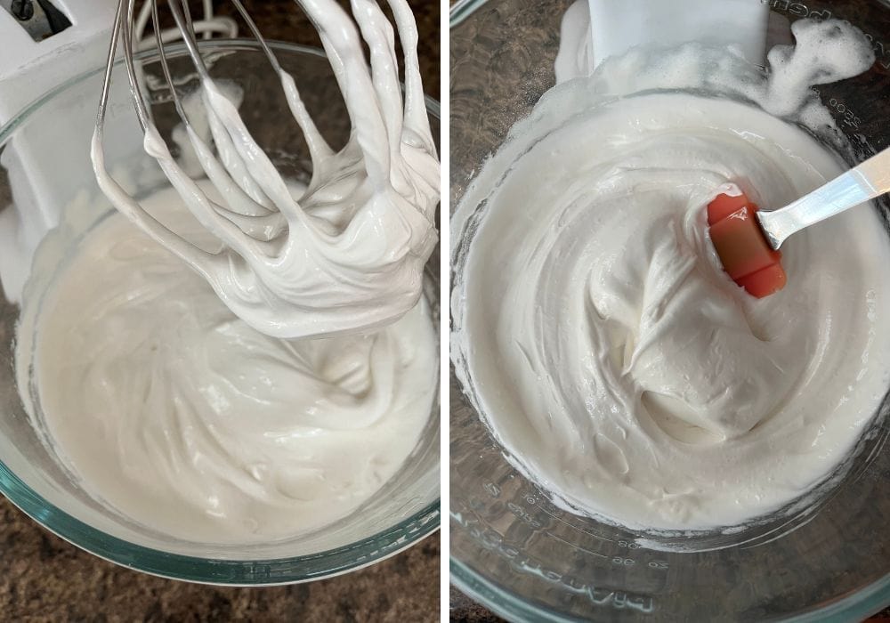 two photos; one shows the glossy angel food cake batter in a mixing bowl with a whisk attachment, the other shows the mixture scraped down with a spatula.
