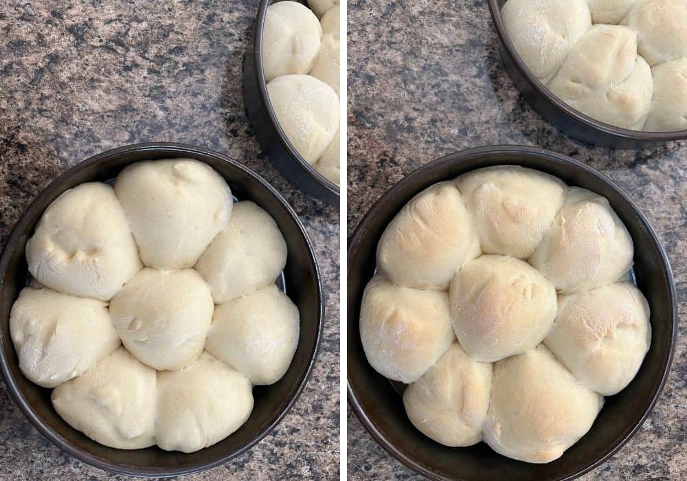 two photos showing homemade instant pot dinner rolls before and after baking.