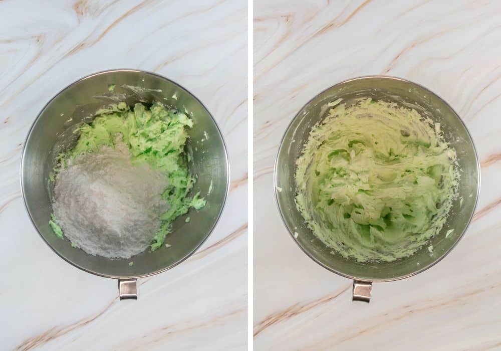 two photos; one shows powdered sugar added to mixing bowl for frosting, the other shows the mixture whipped into a fluffy pistachio buttercream.