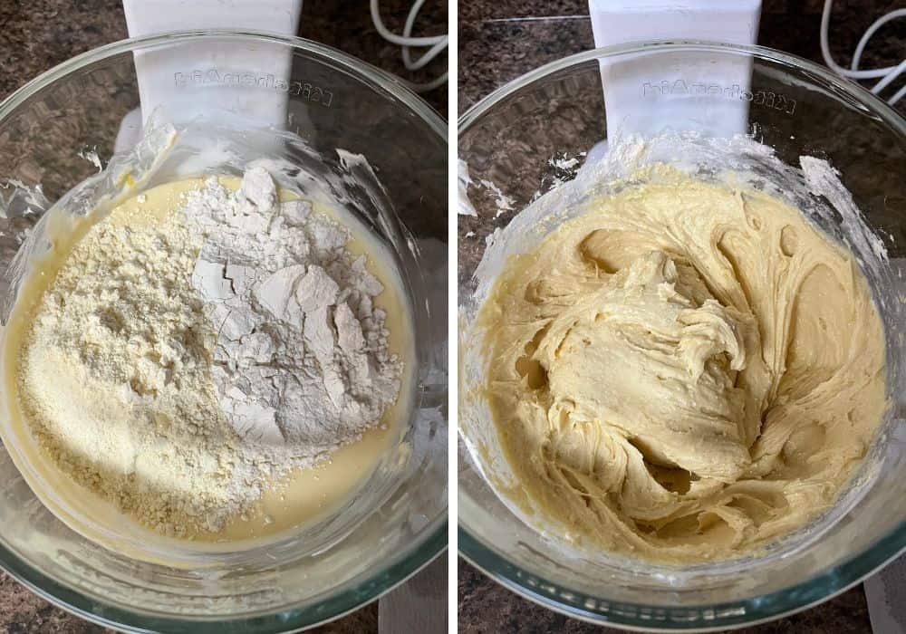 two photos; one shows flour and cake mix added to batter; the other shows those ingredients mixed in, creating a thick batter.