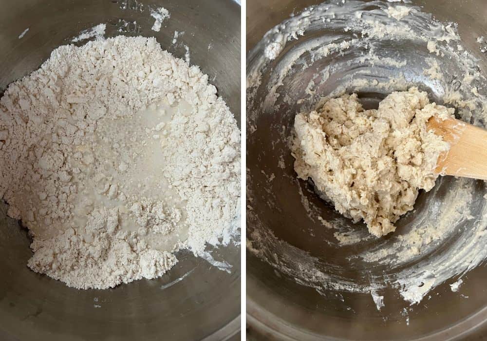 two photos; one shows milk added to bisquick and butter mixture, the other shows a wooden spoon stirring together into a soft dough.