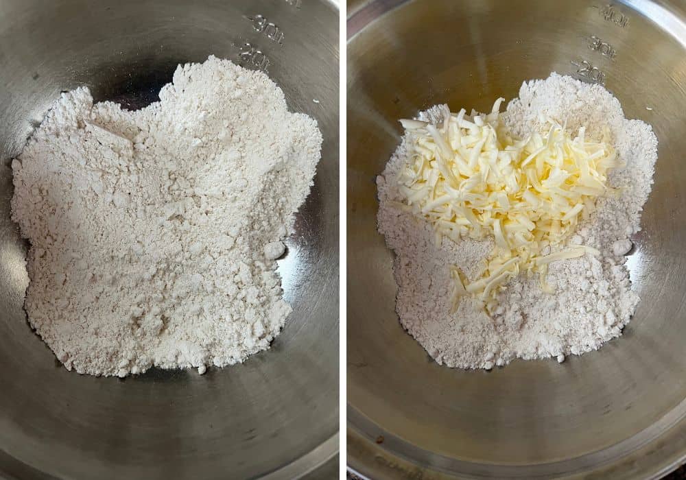 two photos; one shows bisquick mixed with baking powder, the other shows grated butter added to the dry ingredients.
