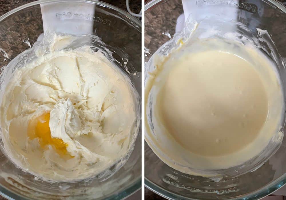 two photos; one shows egg added to the sugar, butter, and cream cheese mixture. The other shows the batter after the eggs and extracts have been mixed in.