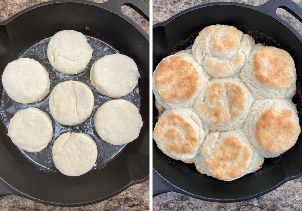 two photos; one shows rounds of biscuit dough in melted butter in an iron skillet; the other shows the biscuits after baking.