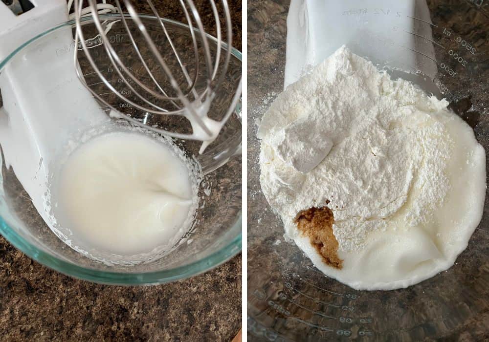 two photos; one shows egg whites whipped to soft peaks in a mixing bowl, the other shows cake mix, water, and vanilla extract added to the whipped egg whites.