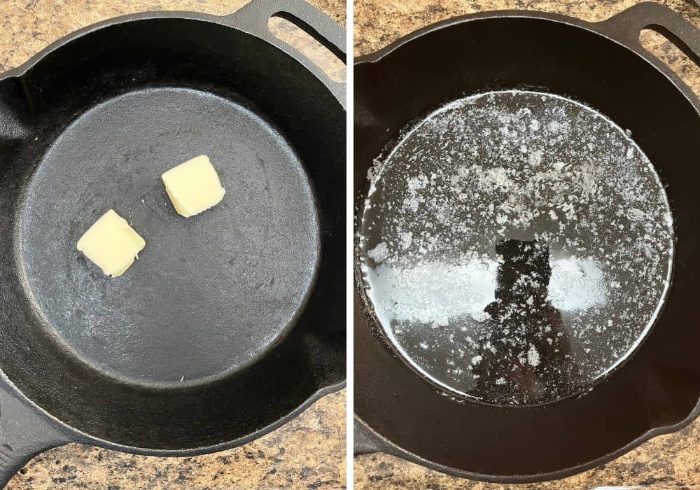 two pictures; one shows two tablespoons of butter in an iron skillet; the other shows the butter melted in the skillet.