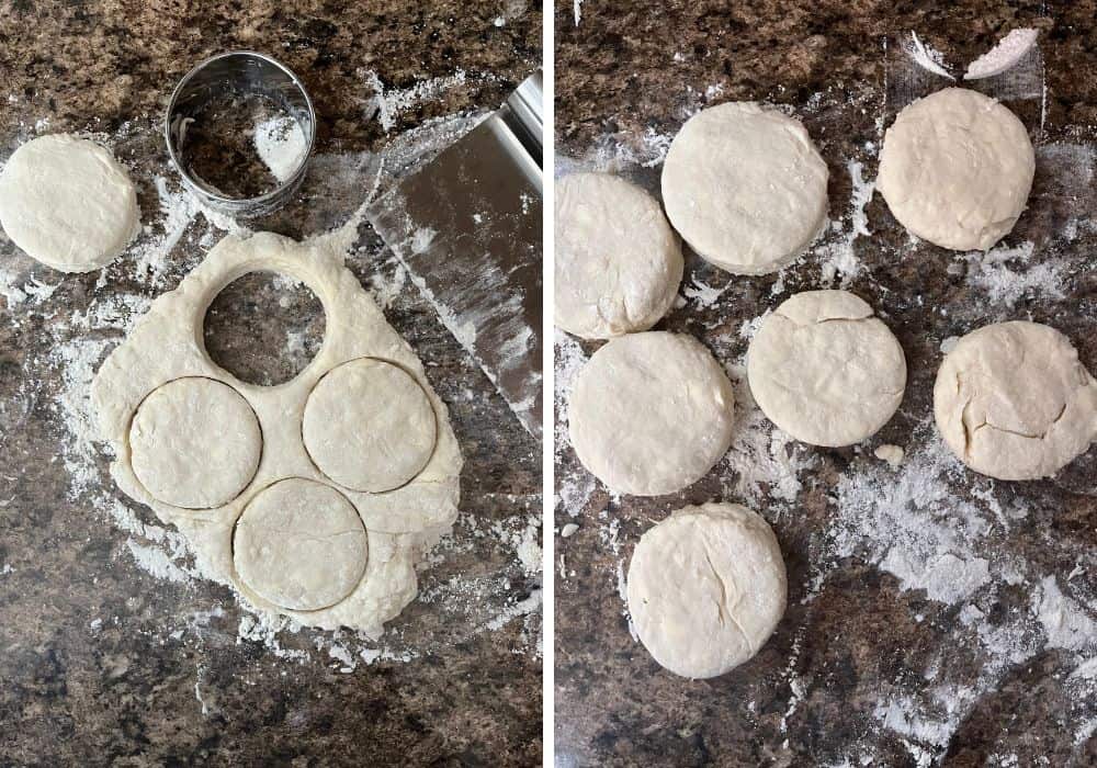 two photos; one shows a biscuit cutter and rounds of dough cut from the biscuit dough; the other shows seven biscuits cut from the dough.