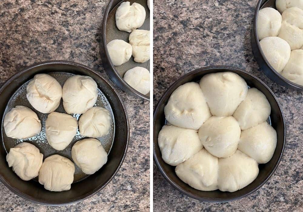 two photos; one shows rounds of dough in a baking pan, the other shows the rolls risen and ready for baking.