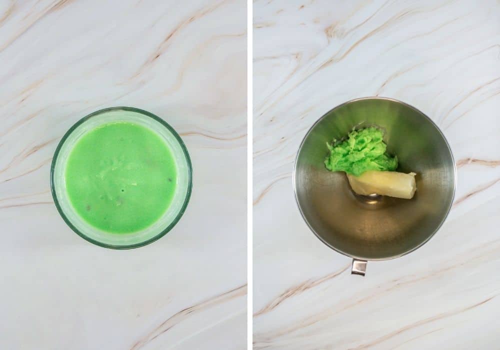 two photos; one shows milk and pistachio pudding mix combined in a small bowl; the other shows the pudding mixture and a stick of butter in a mixing bowl for preparing frosting.