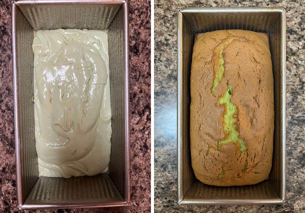 two photos; one shows pistachio bread batter in a greased loaf pan, the other shows the loaf after baking.