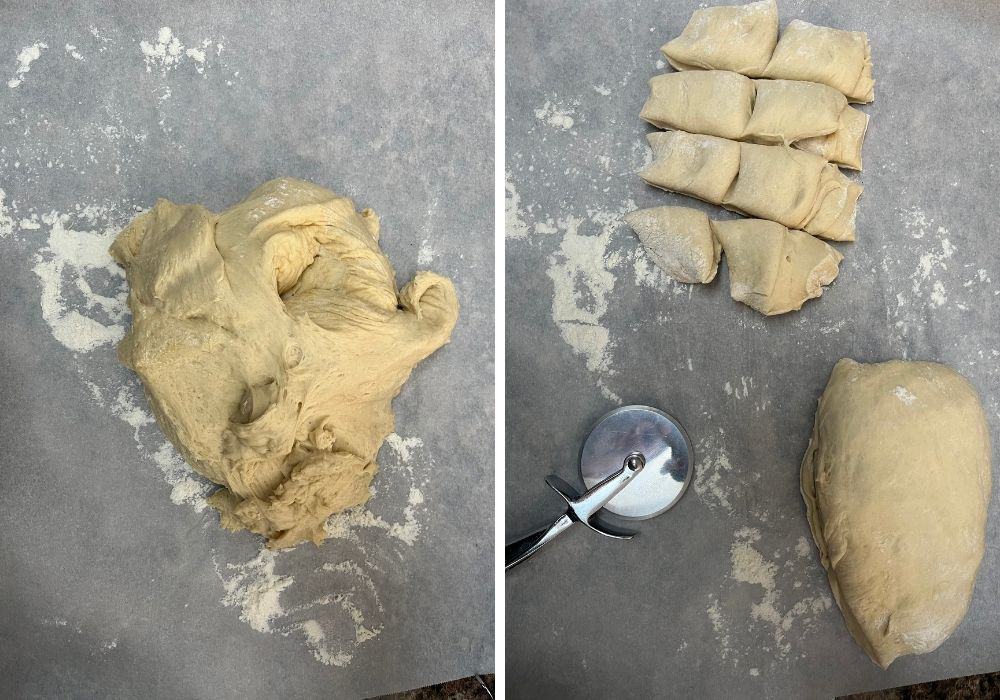two photos; one shows a batch of dough for dinner rolls, the other shows the dough divided into smaller pieces