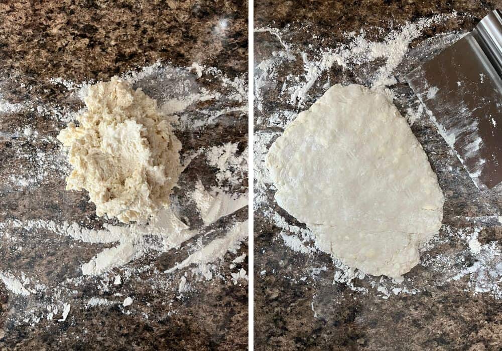 two photos; one shows dough turned out onto a floured surface, the other shows the dough pressed down to about an inch thickness.