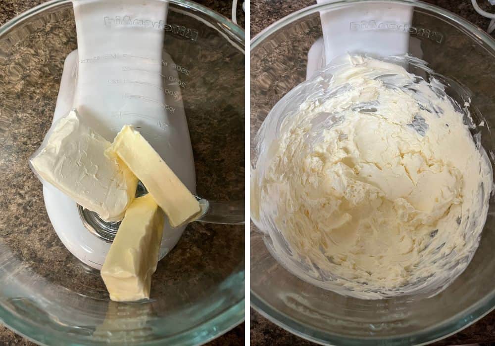 two photos; one shows cream cheese and butter in a glass bowl of a stand mixer. The other shows them creamed together until smooth.