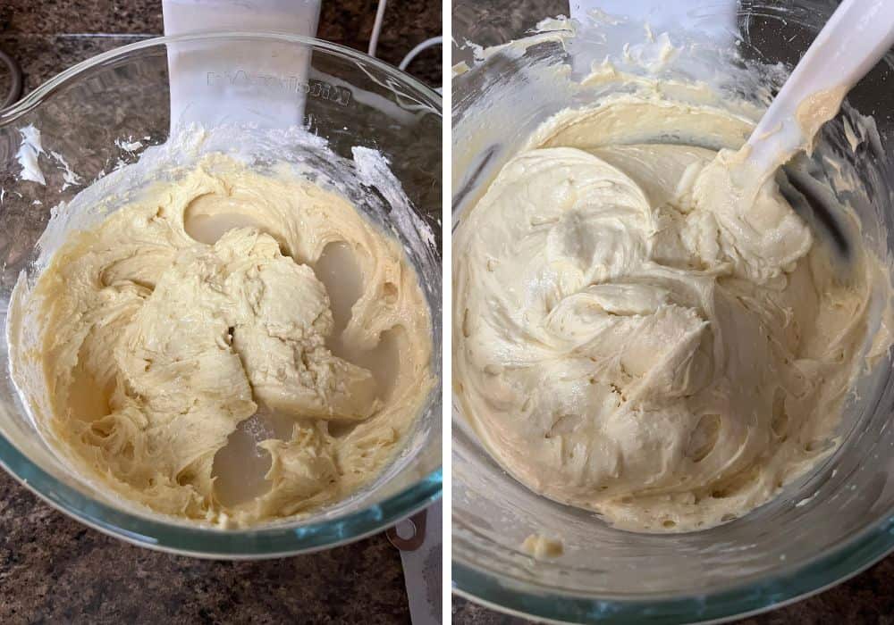 two photos; one shows water added to thick batter, the other shows the batter after the water has been mixed in.