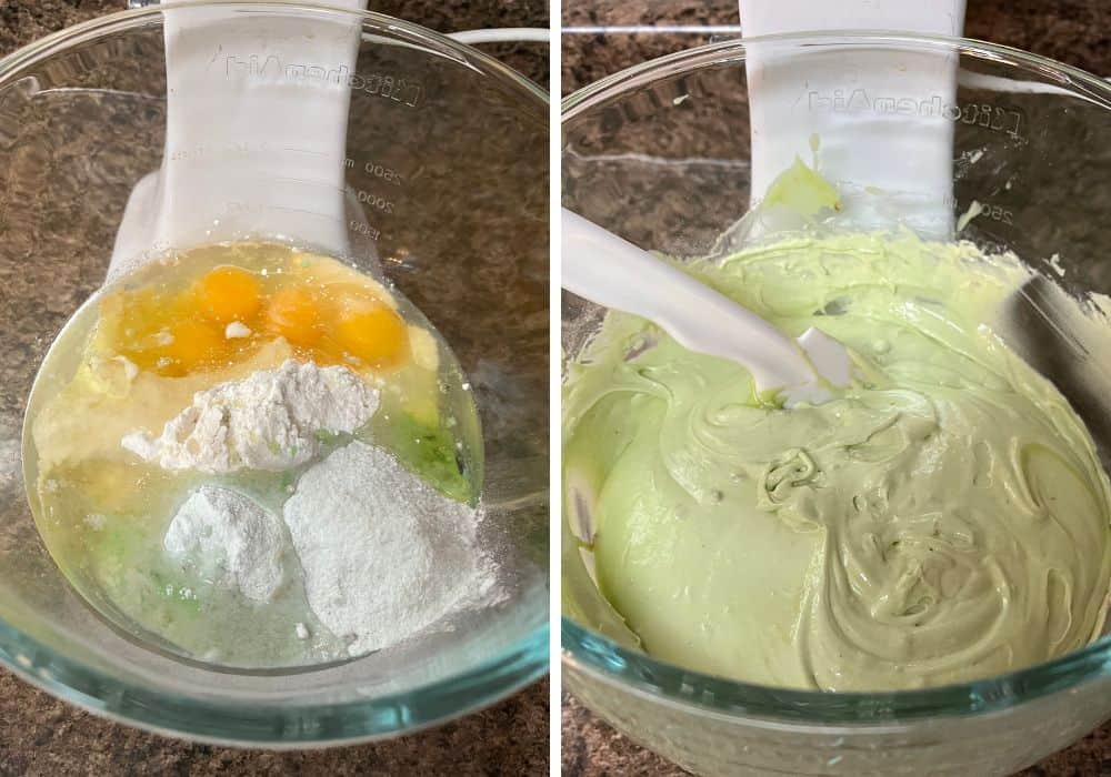 two photos; one shows ingredients for pistachio bread in a glass mixing bowl, the other shows the ingredients mixed together into the batter for pistachio pudding bread.