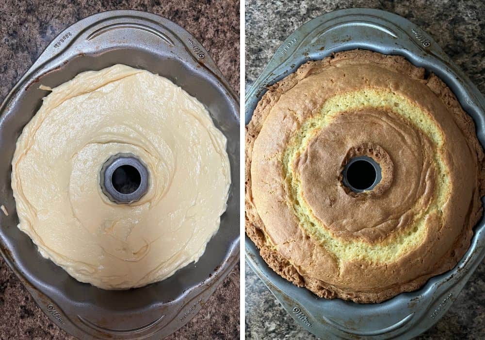 two photos; one shows cake batter spread evenly in a bundt pan, the other shows the cake still in the pan, after baking.