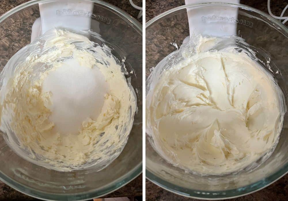 two photos; one shows sugar added to cream cheese and butter mixture; the other shows the sugar beaten in until smooth.