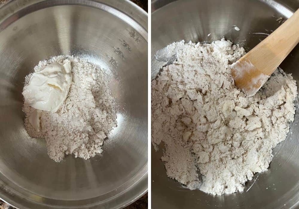 two photos; one shows sour cream added to Bisquick baking mix in a mixing bowl, the other shows a wooden spoon mixing the two ingredients together.