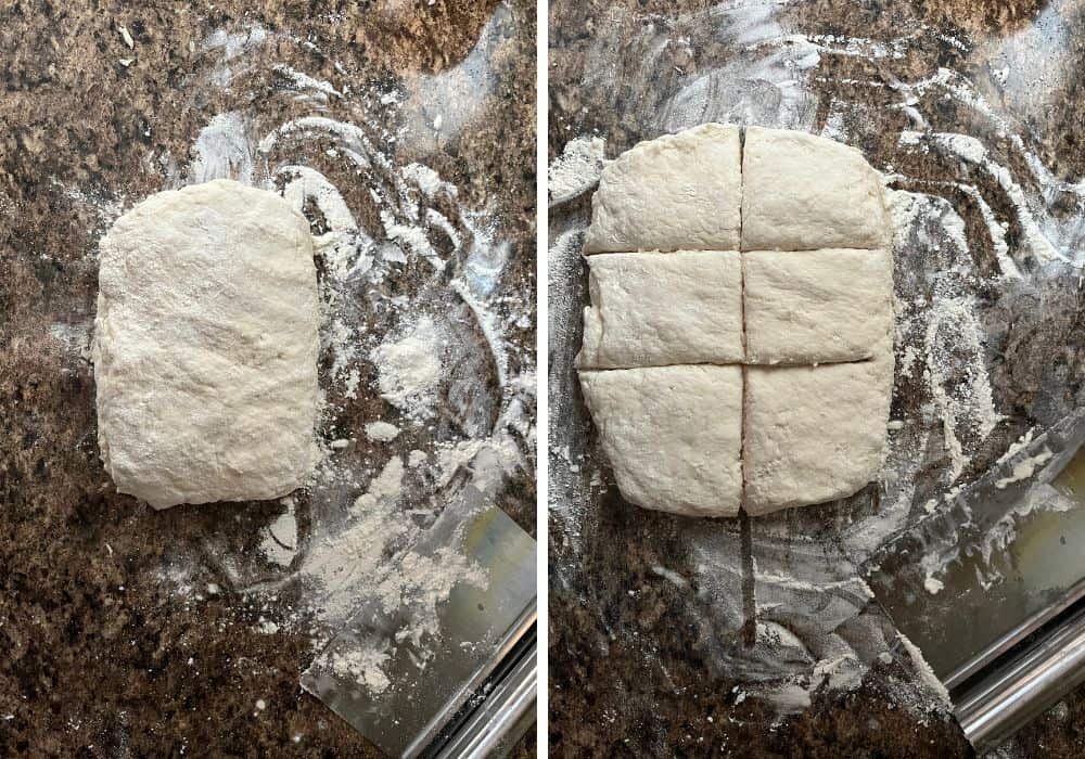 two photos; one shows the biscuit dough patted out on a floured surface, the other shows the dough cut into six squares.