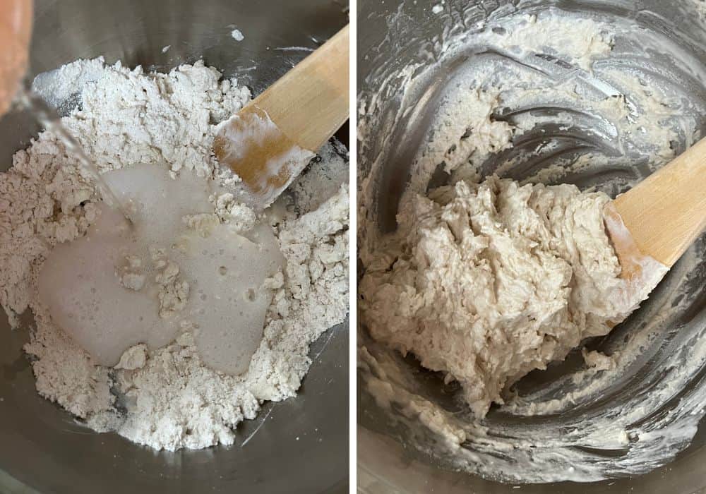 two photos; one shows 7up soda being poured into the mixing bowl, the other shows the biscuit dough that resulted after stirring.