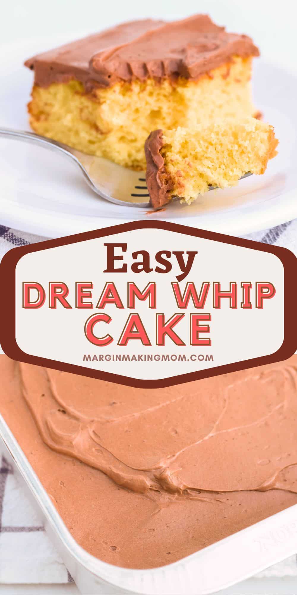 two photos of Dream Whip cake--one shows a piece of cake with a bite taken out of it, the other shows the surface of the frosted cake.