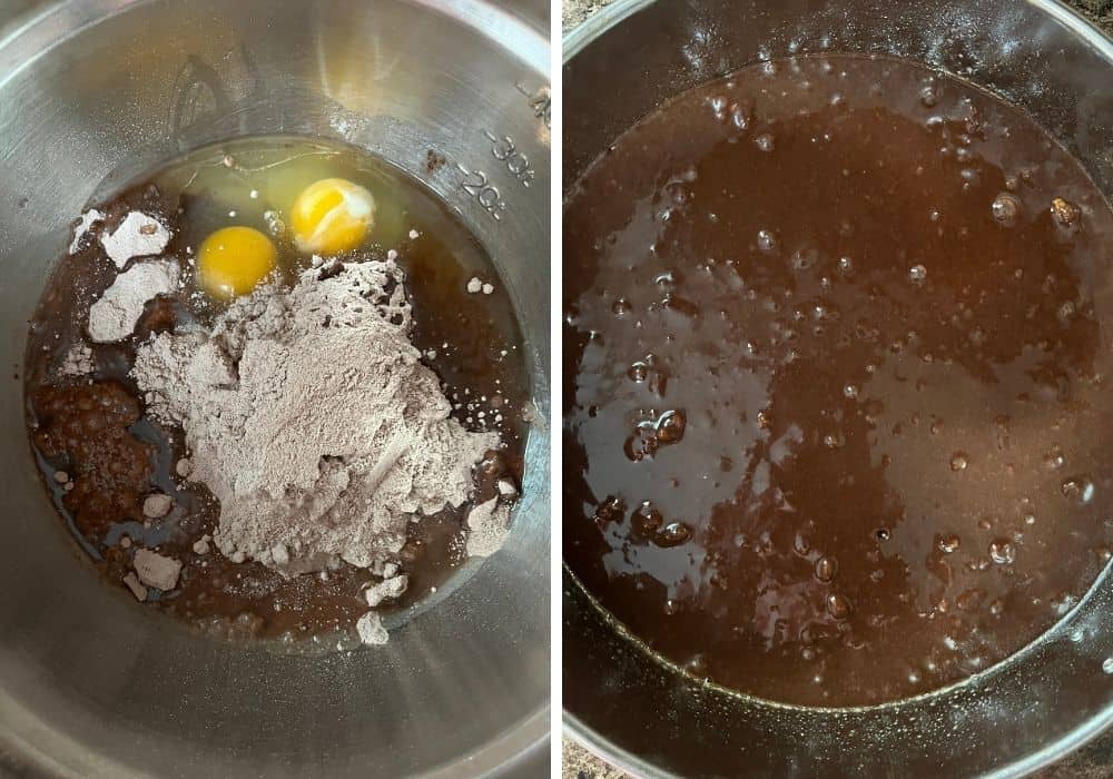 two photos; one shows ingredients for brownie batter in a mixing bowl, the other shows the batter mixed together in the bowl.