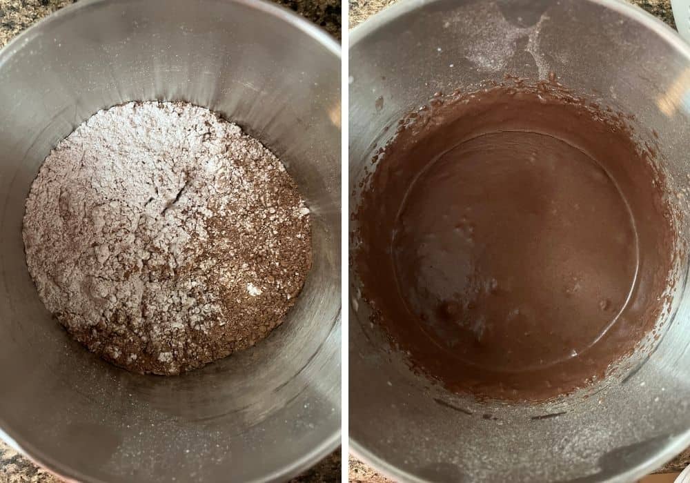 two photos; one shows powdered sugar and cocoa powder sifted together in a small mixing bowl; the other shows melted butter and milk mixed in, creating a pourable chocolate frosting.