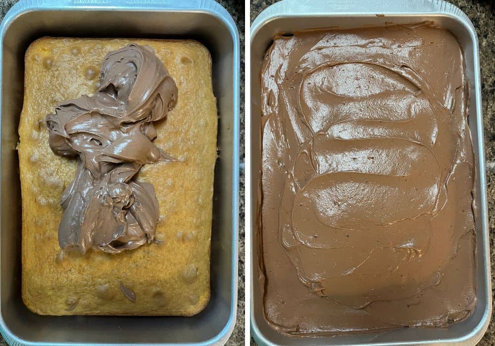 two photos; one shows whipped pudding frosting dolloped onto the cooled cake; the other shows the frosting spread out over the cake.