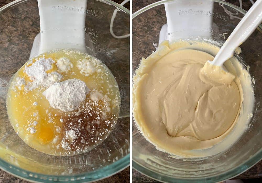 two photos; one shows all ingredients for the cake in the bowl of a stand mixer; the other shows the ingredients mixed together into a cake batter, with a spatula scraping down the sides of the bowl.