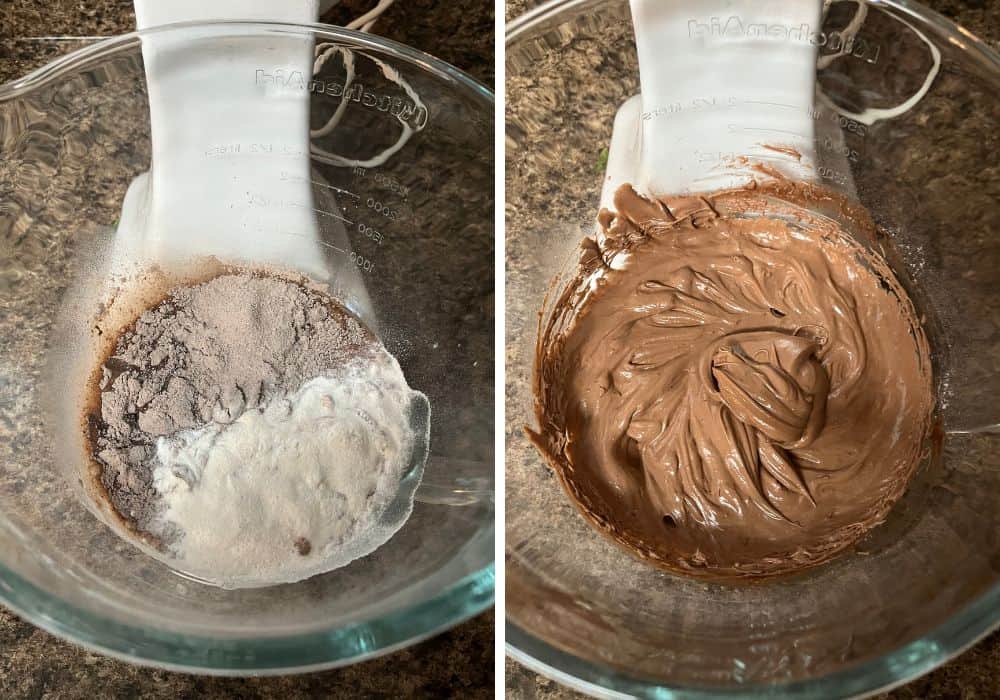 two photos; one shows frosting ingredients in the glass bowl of a stand mixer; the other shows the ingredients beaten together into a pudding frosting.