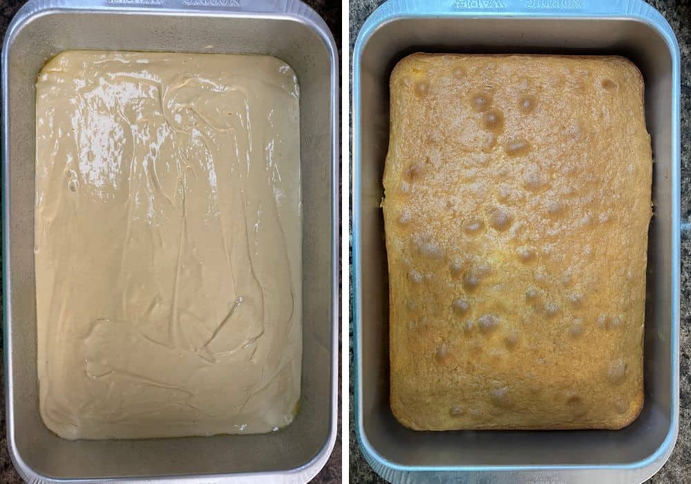 Two photos; one shows cake batter poured into prepared 9x13" pan, the other shows the cake after baking.