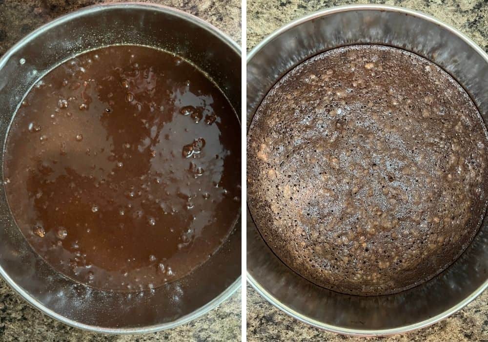 two photos; one shows brownie batter in prepared springform pan, the other shows the brownie layer baked.