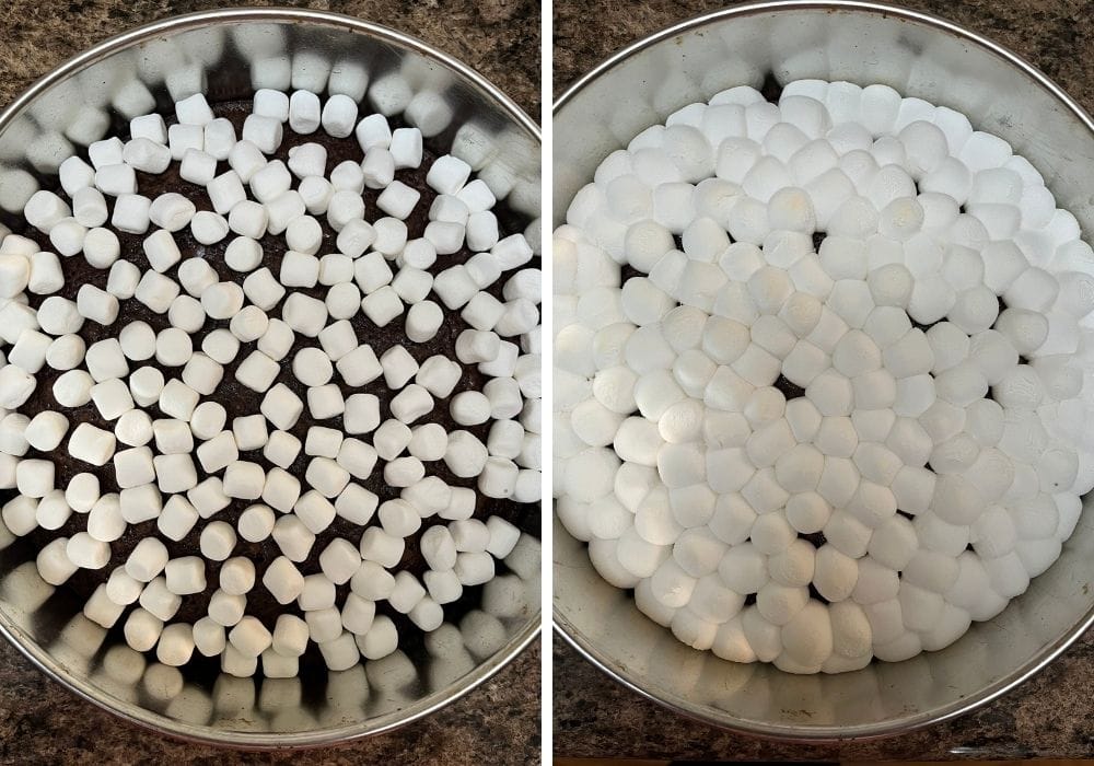 two photos; one shows mini marshmallows spread over the surface of freshly baked brownie layer; the other shows the marshmallows puffed and melty.