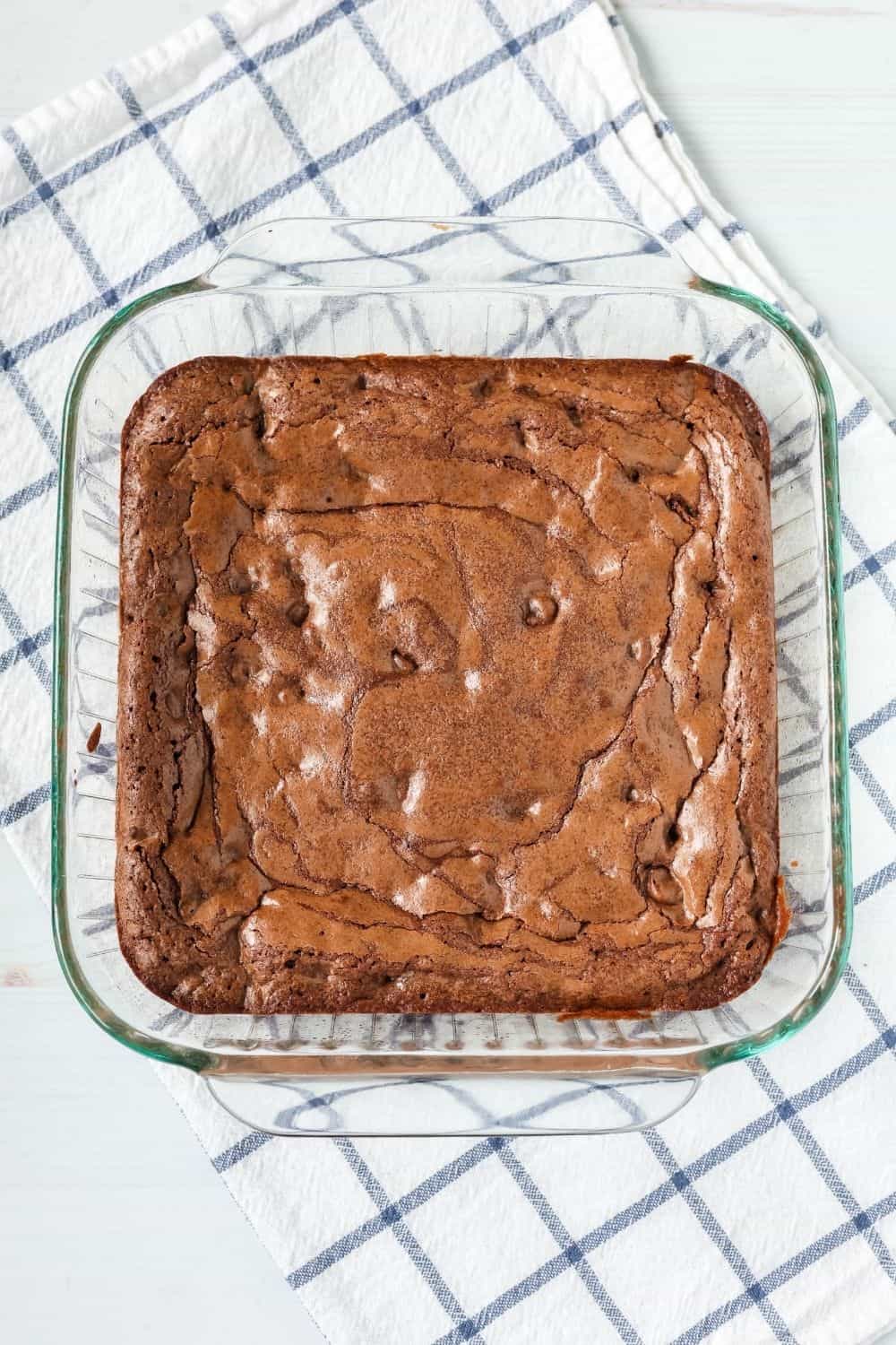 overhead view of a pan of brownies made with Bisquick baking mix