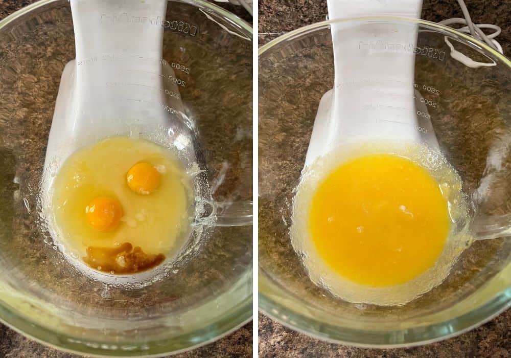 two photos; one shows eggs and vanilla extract added to butter/sugar mixture, the other shows the ingredients mixed together.