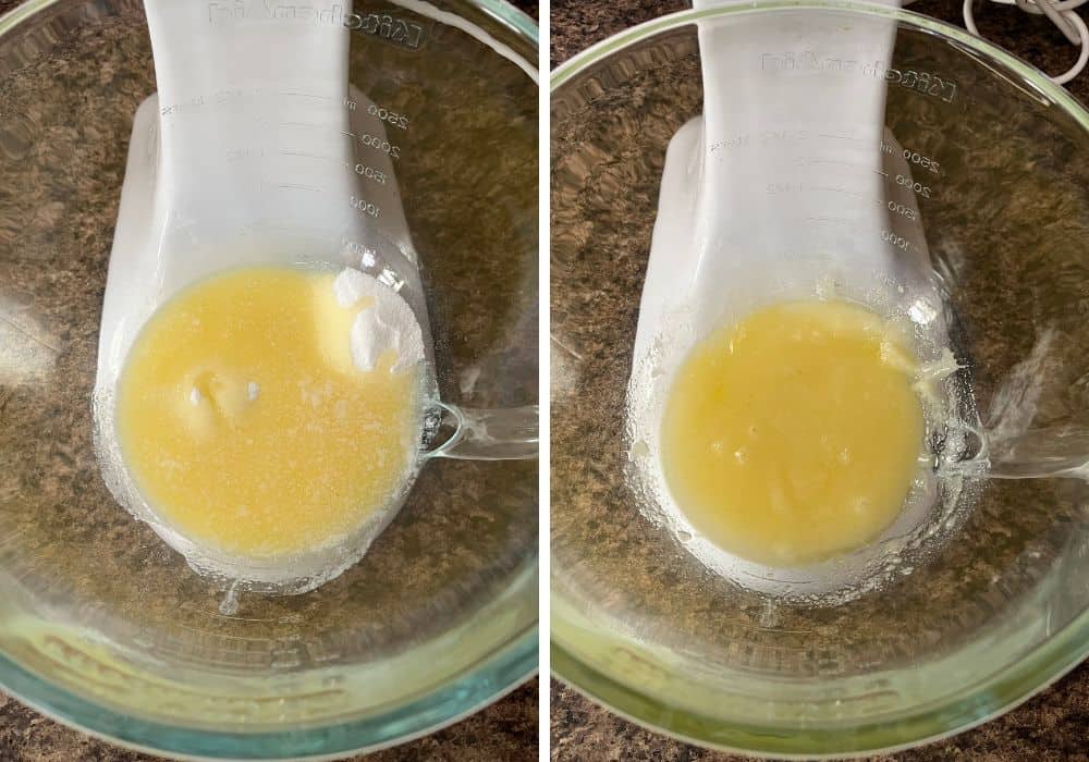 two photos; one shows melted butter and sugar in a glass mixing bowl; the other shows the ingredients mixed together.