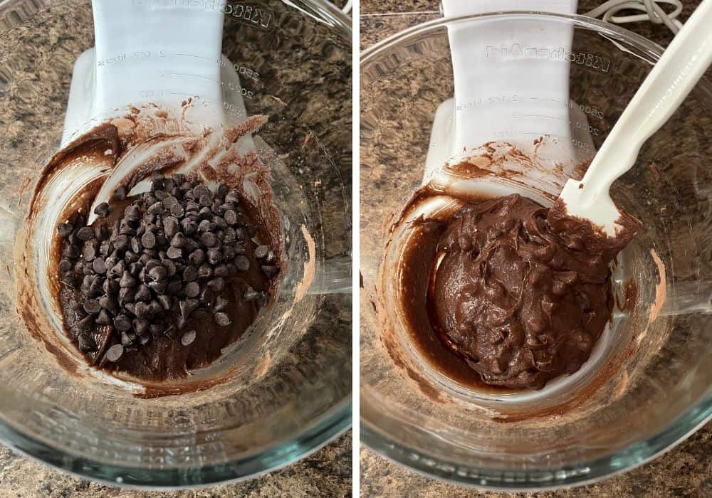 two photos; one shows chocolate chips added to the batter, the other shows them folded into the batter.