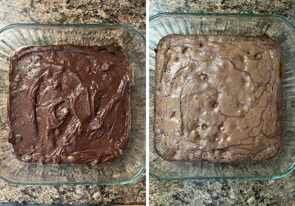 two photos ;one shows batter in a prepared glass baking dish, the other shows the pan of brownies after baking.