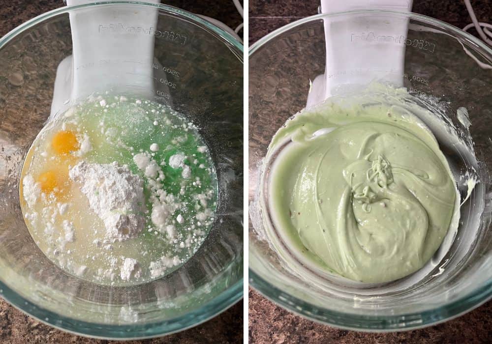 two photos; one shows all cake batter ingredients in a glass mixing bowl, the other shows the ingredients mixed together into a batter.