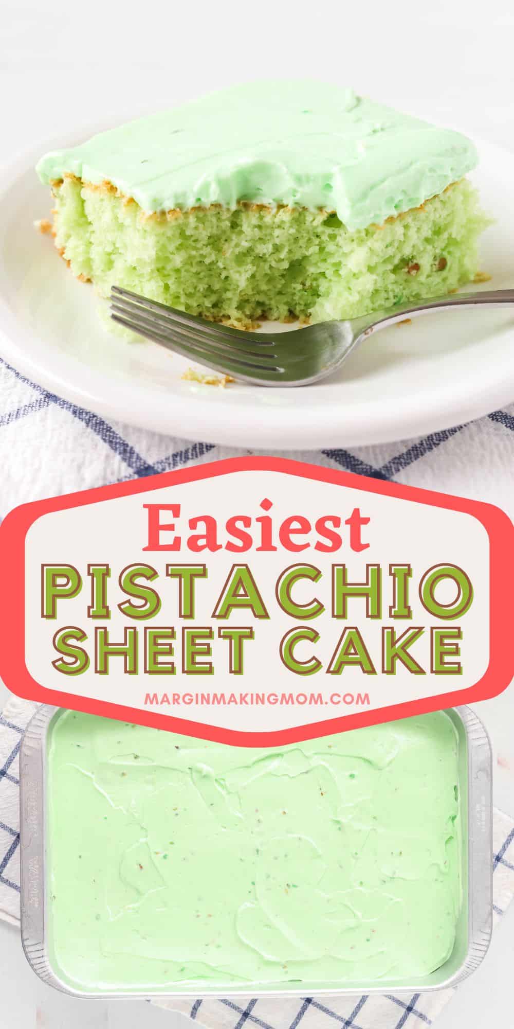 two photos; one shows a slice of pistachio sheet cake with a bite taken out of it, the other shows the whole cake still in the pan.