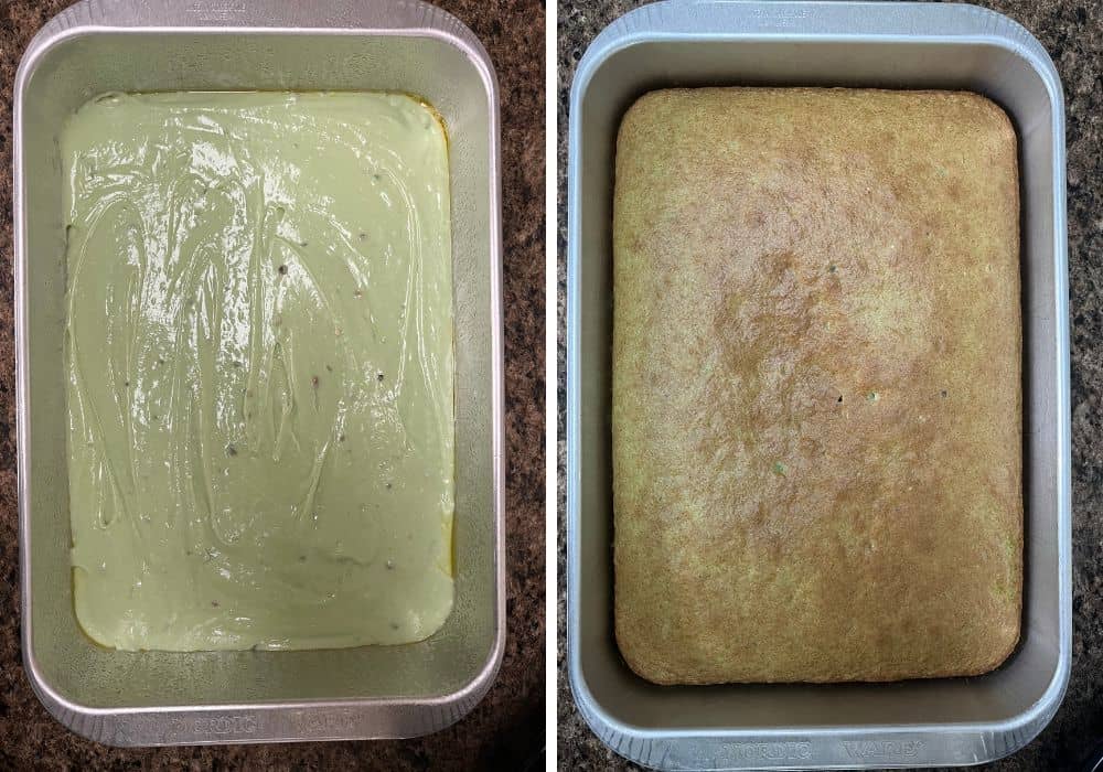 two photos; one shows pistachio cake batter in a 13x9" pan, the other shows the cake after baking.