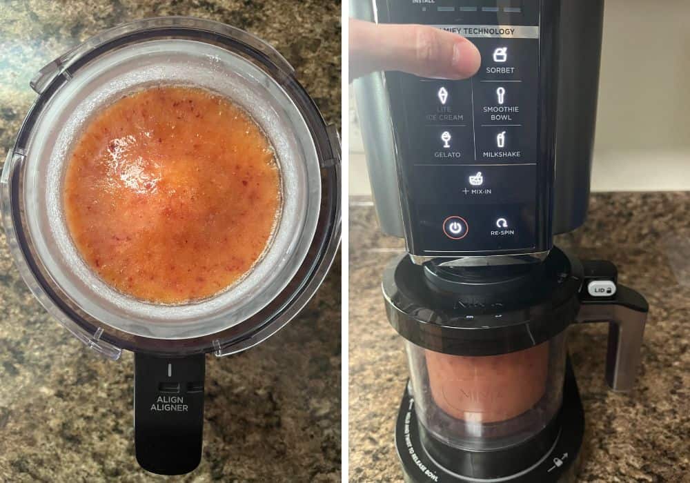 two photos; one shows frozen peach sorbet base in the outer bowl, the other shows a finger pointing to the Sorbet button on the Ninja Creami machine
