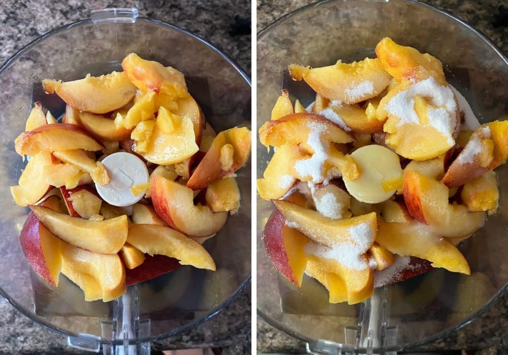 two photos; one shows sliced, unpeeled peaches in a food processor; the other shows sugar and orange juice added to the peach slices.