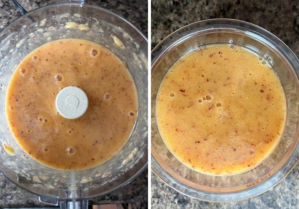 two photos; one shows peach puree in a food processor, the other shows the mixture in a Ninja Creami pint container.