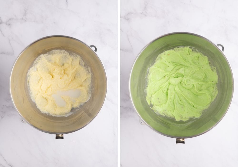 two photos; one shows milk, pistachio pudding mix, and almond extract added to the mixing bowl. The other shows the ingredients mixed together.